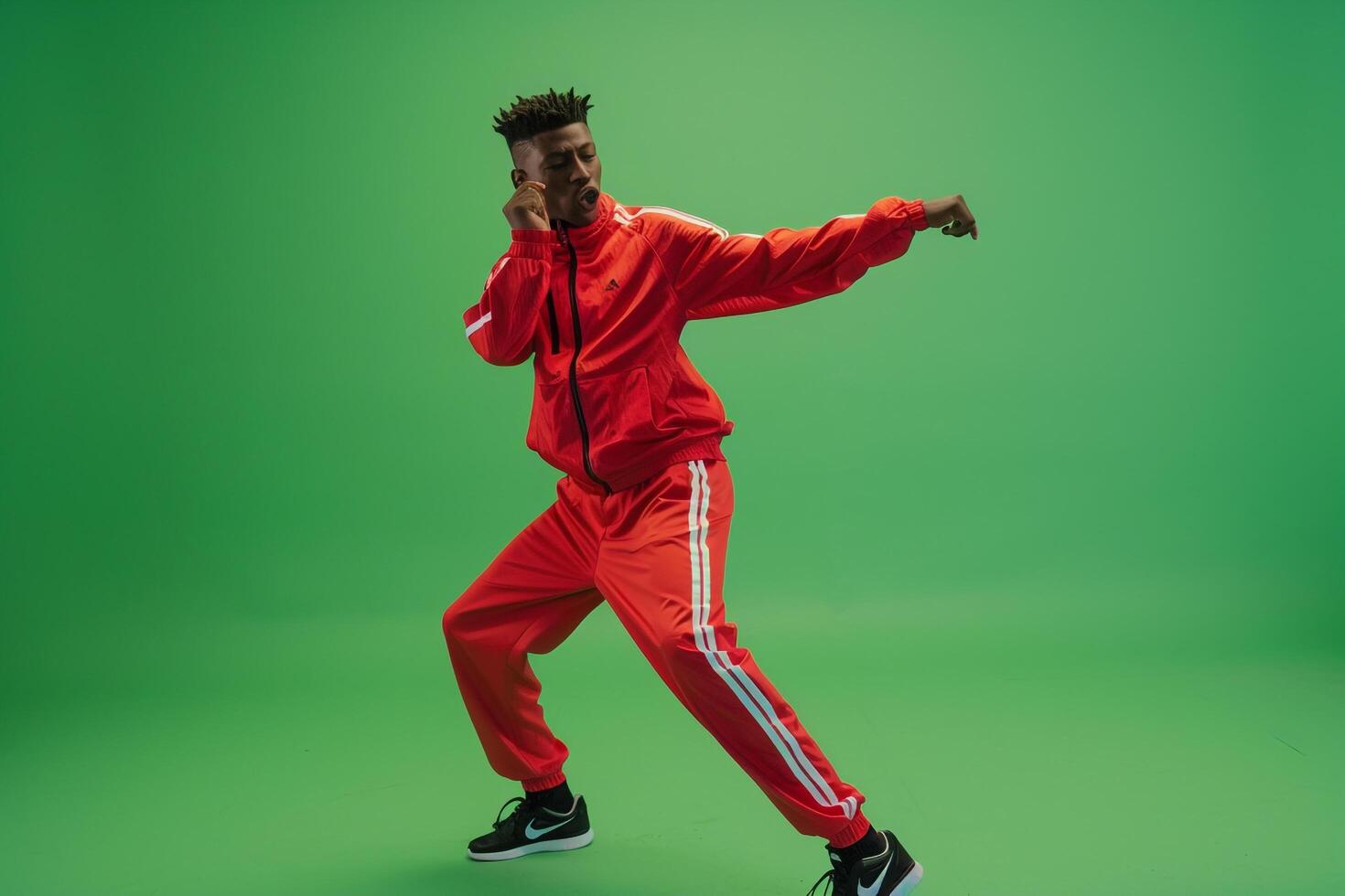 Athletic Tracksuit Fashion Model Trendy Male in Neon Green Lifestyle portrait with Stylish Background Contemporary and Vibrant Look photo
