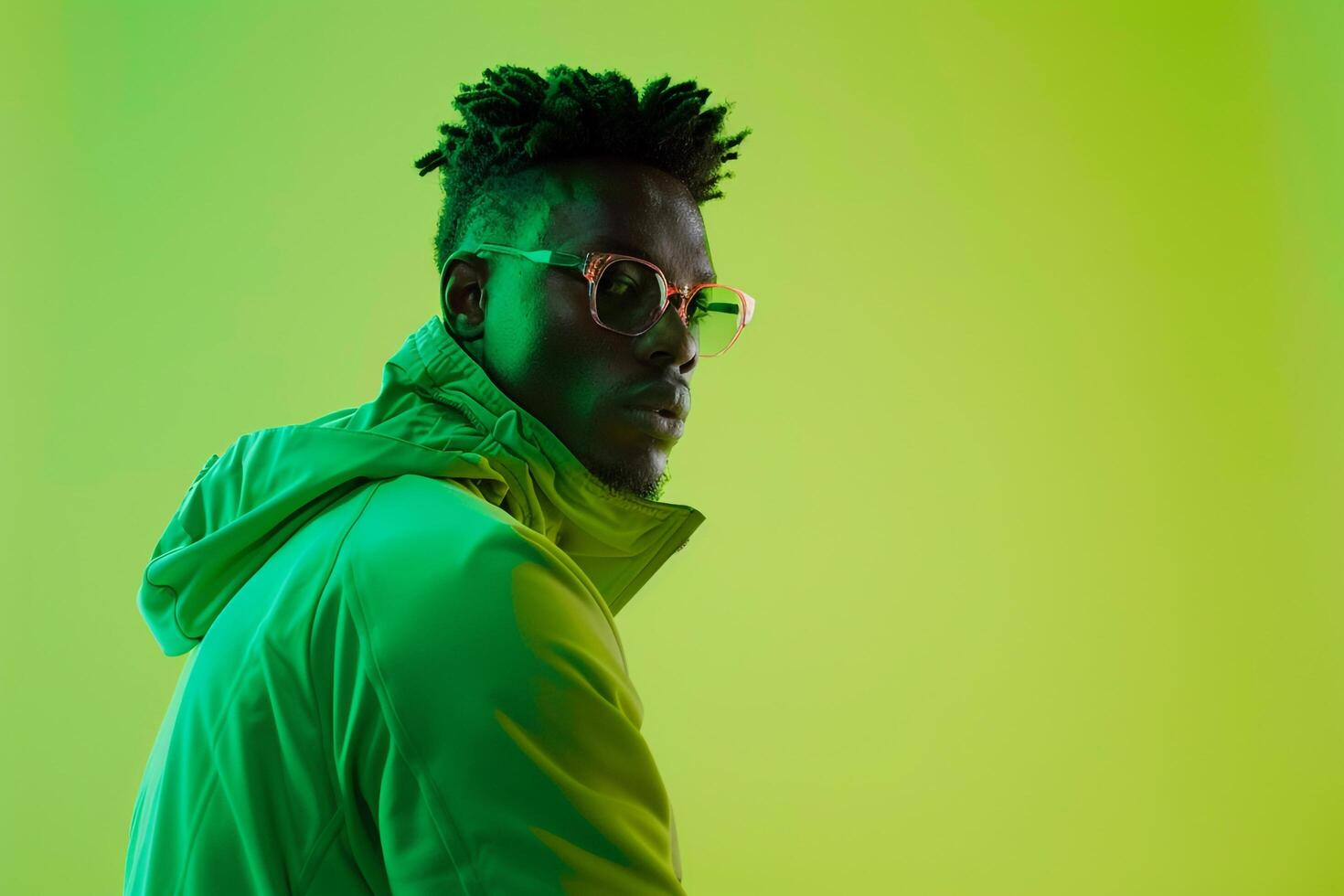 Athletic Tracksuit Fashion Model Trendy Male in Neon Green Lifestyle portrait with Fashionable Background Modern and Dynamic Look photo