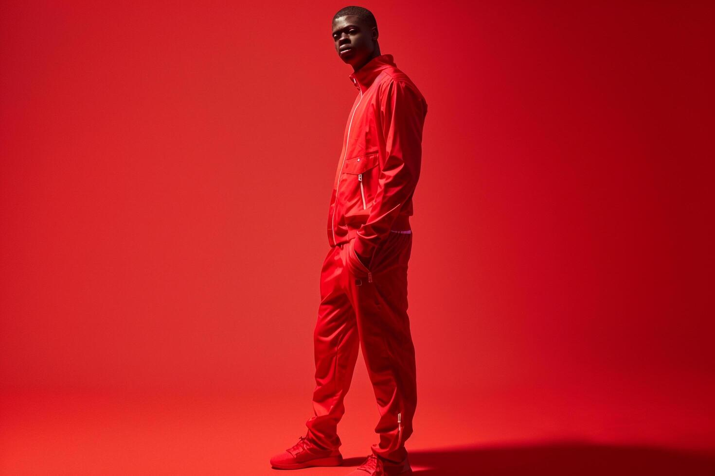 Sporty Tracksuit Fashion Model in Bright Red Trendy Male portrait with Modern Lifestyle Dynamic and Fashionable Sportswear Look photo