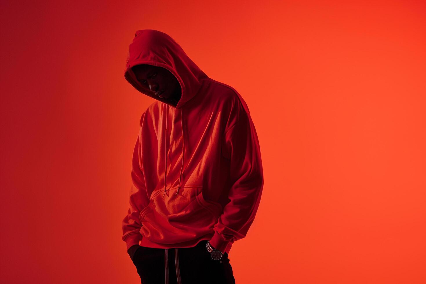 Contemporary Trendy Fashion Model in Red Streetwear Hoodie Stylish portrait with Modern Lifestyle Flair photo