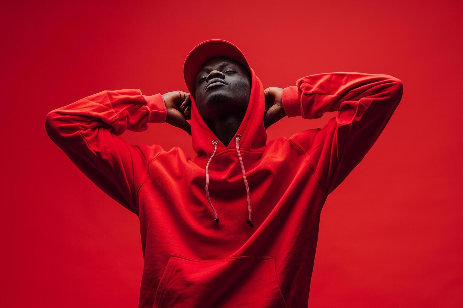 Dynamic and Trendy Fashion Model in Red Streetwear Hoodie Modern Lifestyle portrait with a Stylish Contemporary edge photo