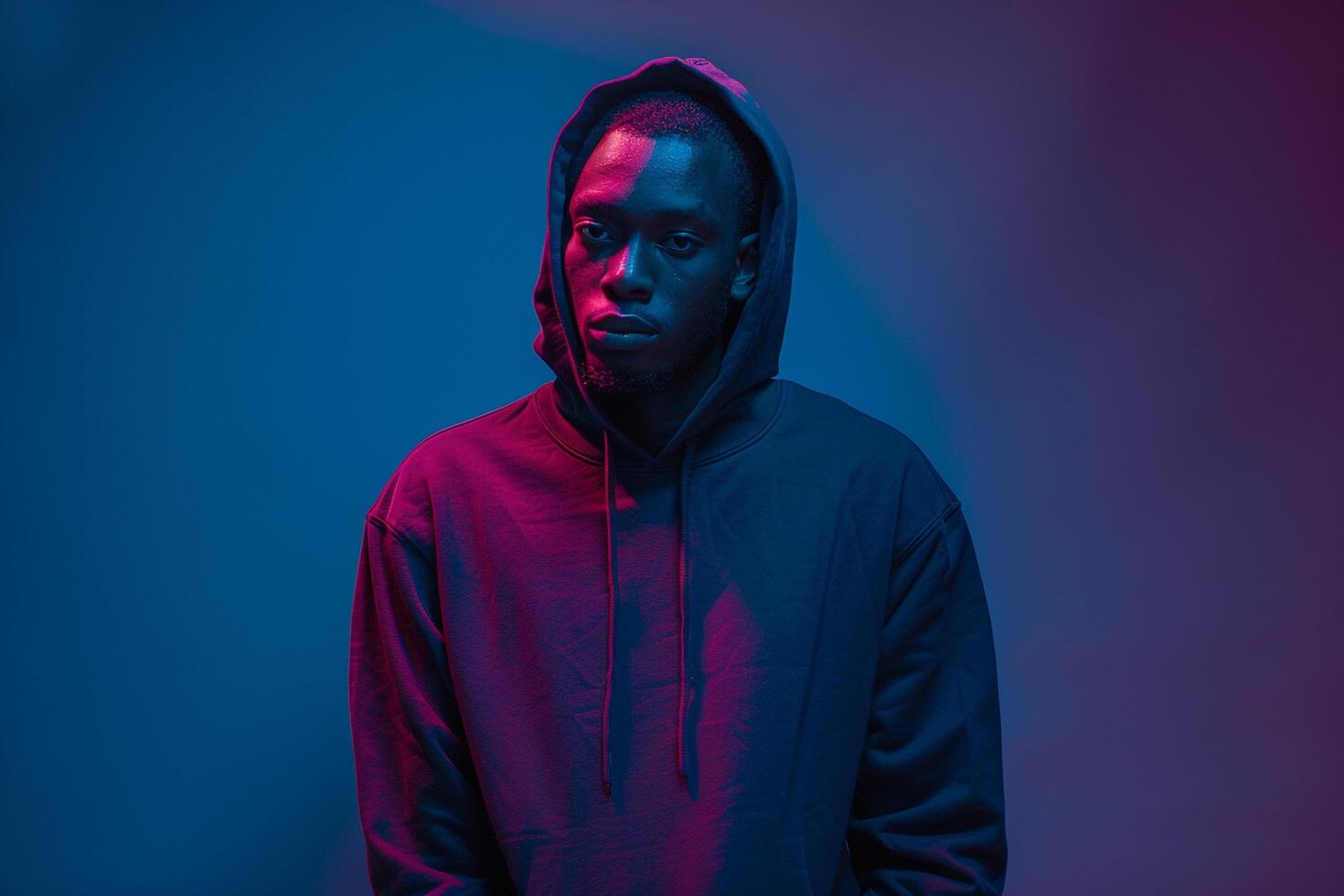 Fashionable Trendy Model in Deep Blue Streetwear Hoodie Modern Lifestyle portrait with Stylish Contemporary Vibe photo