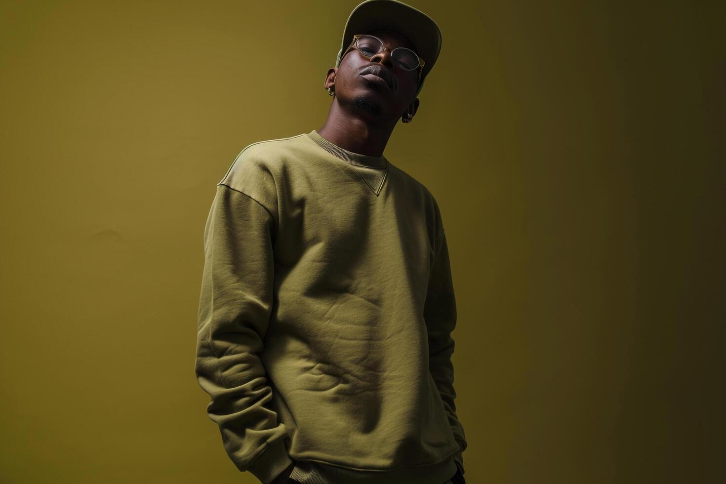 Trendy Fashion Model in Olive Green Streetwear Sweatshirt Stylish Modern Lifestyle portrait with Dynamic Look photo