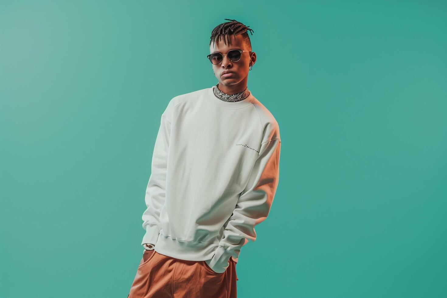 Trendy Fashion Model in Mint Green Streetwear pullover Stylish Modern Lifestyle portrait photo