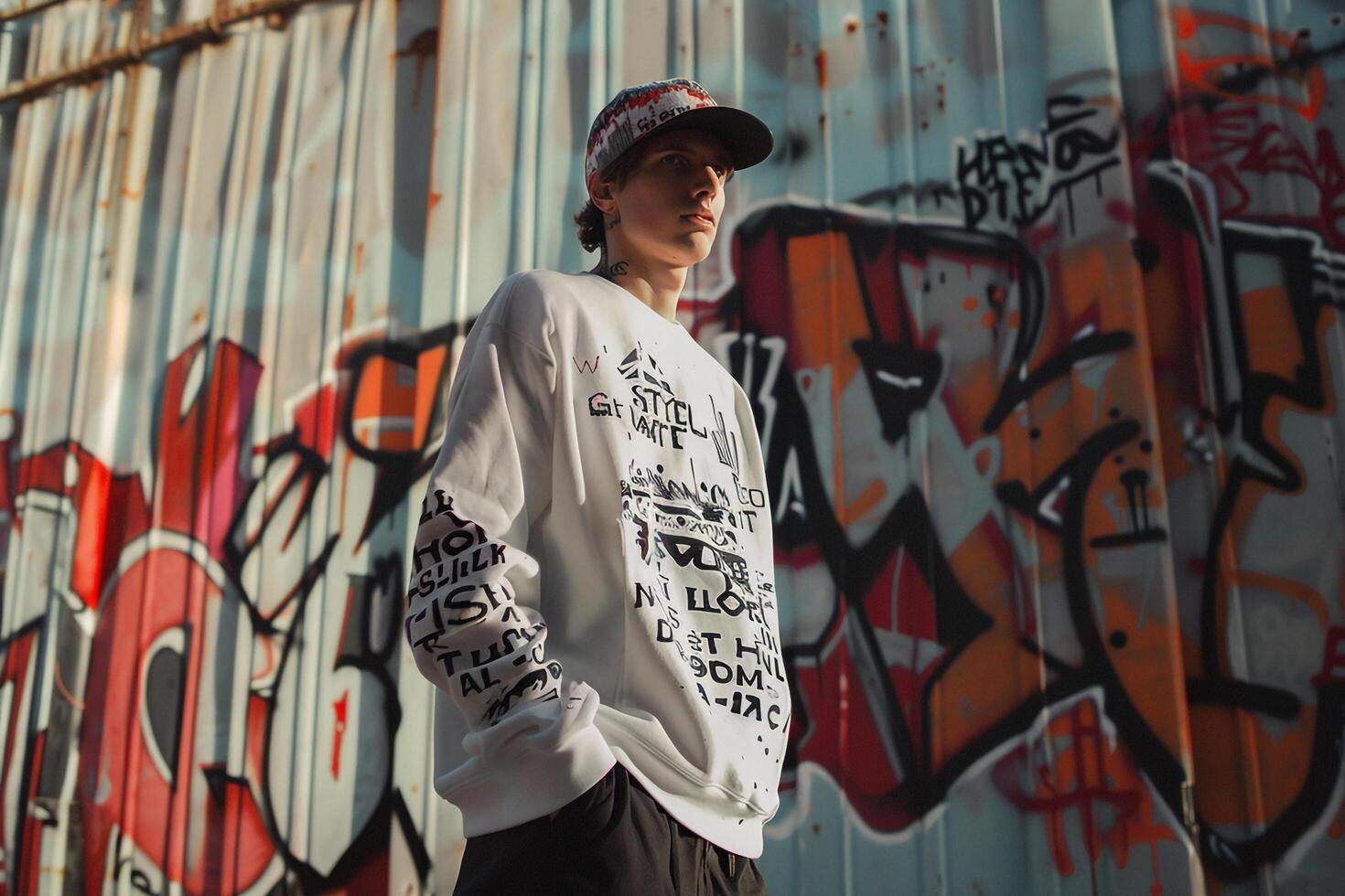 Fashion Model in Graphic Sweatshirt with Graffiti Trendy Modern portrait with Fashionable Background photo