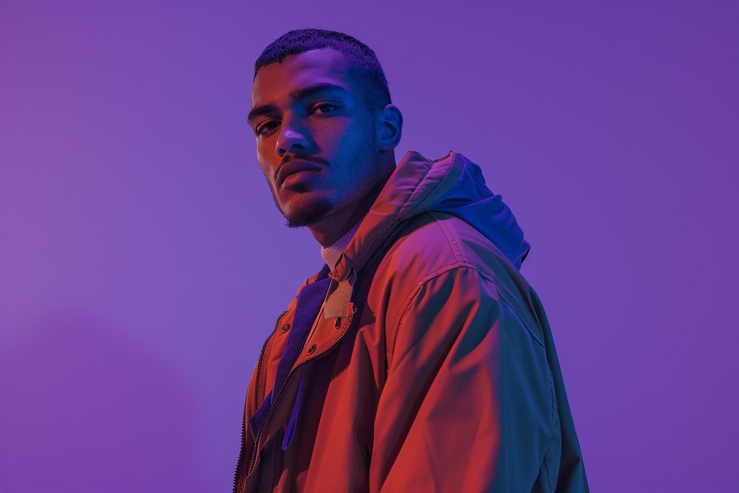 Fashion Model in Deep purple Urban Jacket Trendy Modern portrait with Stylish Background photo