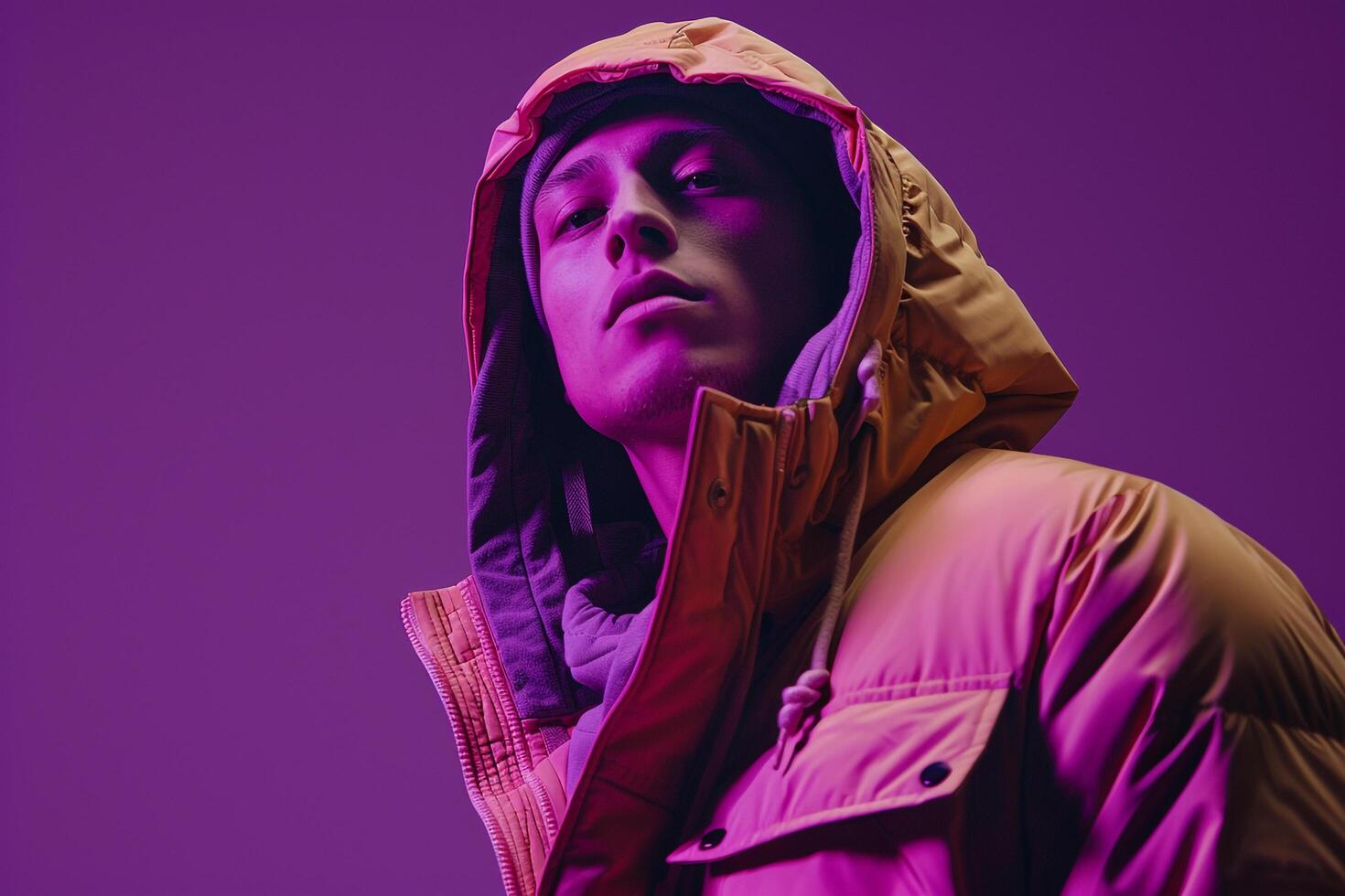 Trendy Fashion Model in Urban Jacket in Deep purple Modern Lifestyle portrait with Stylish Appearance photo