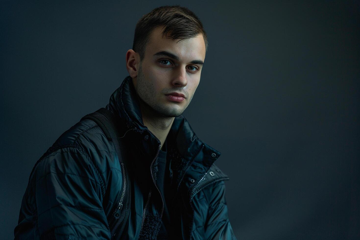 Trendy Fashion Model in Urban Jacket in Charcoal Modern portrait with Stylish Appearance photo