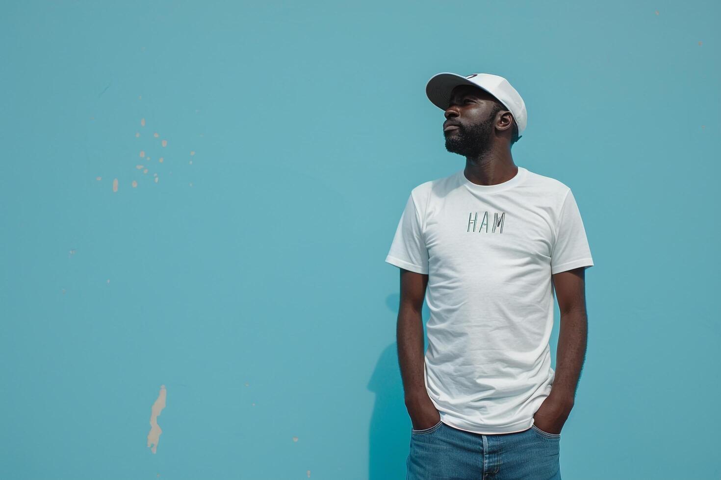 Stylish Model in Graphic Tee in Mint Blue Modern portrait with Trendy Fashion Look photo