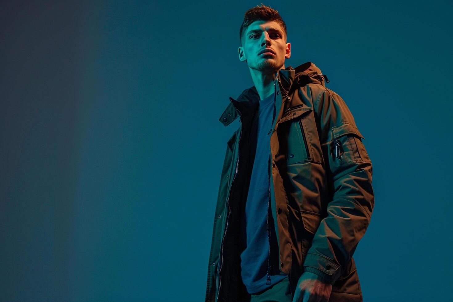 Fashion Model in Urban Jacket in Charcoal Trendy Modern Lifestyle portrait with Stylish Appearance photo