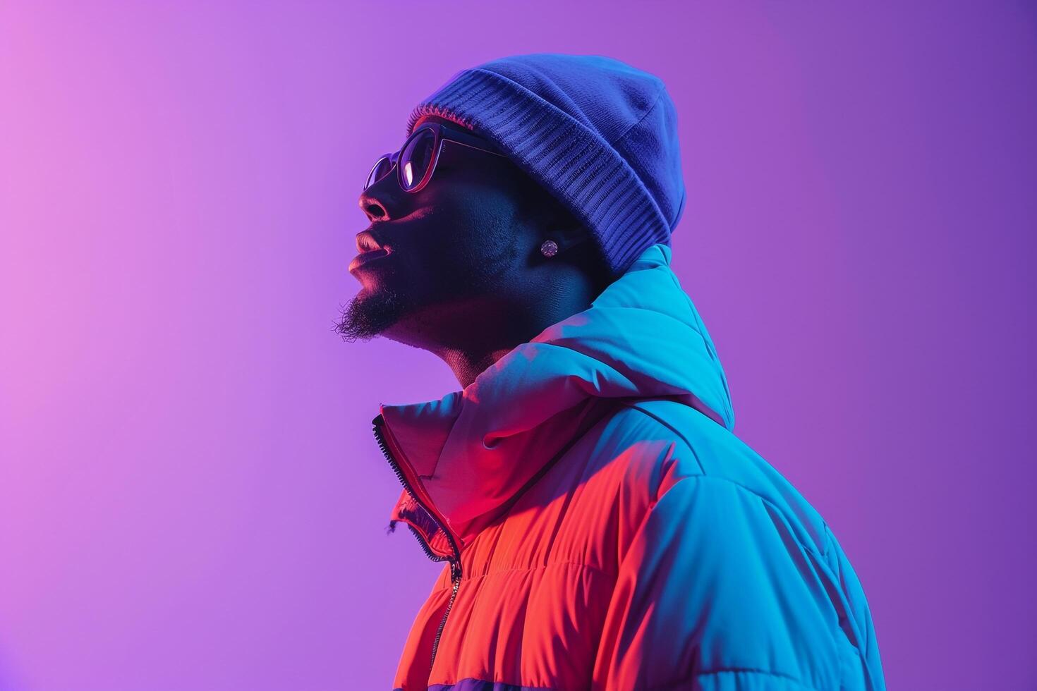 Fashion Model in Streetwear Jacket in electric purple Trendy Modern portrait with Stylish Look photo