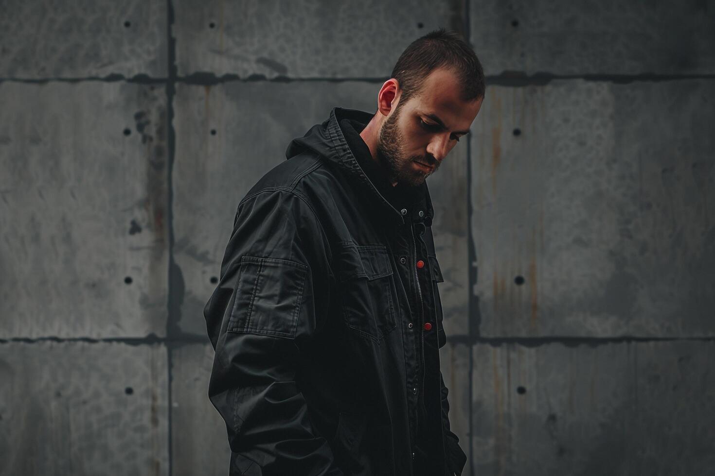 Trendy Model in Urban Jacket in Concrete Grey Modern Lifestyle portrait with Stylish Background photo