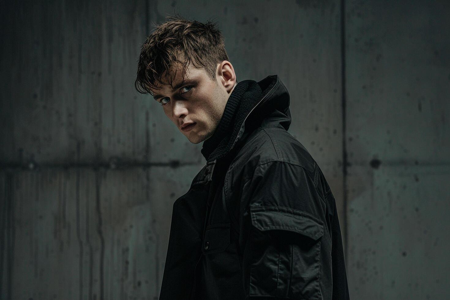 Fashion Model in Urban Jacket in Concrete Grey Trendy Modern portrait with Stylish Look photo