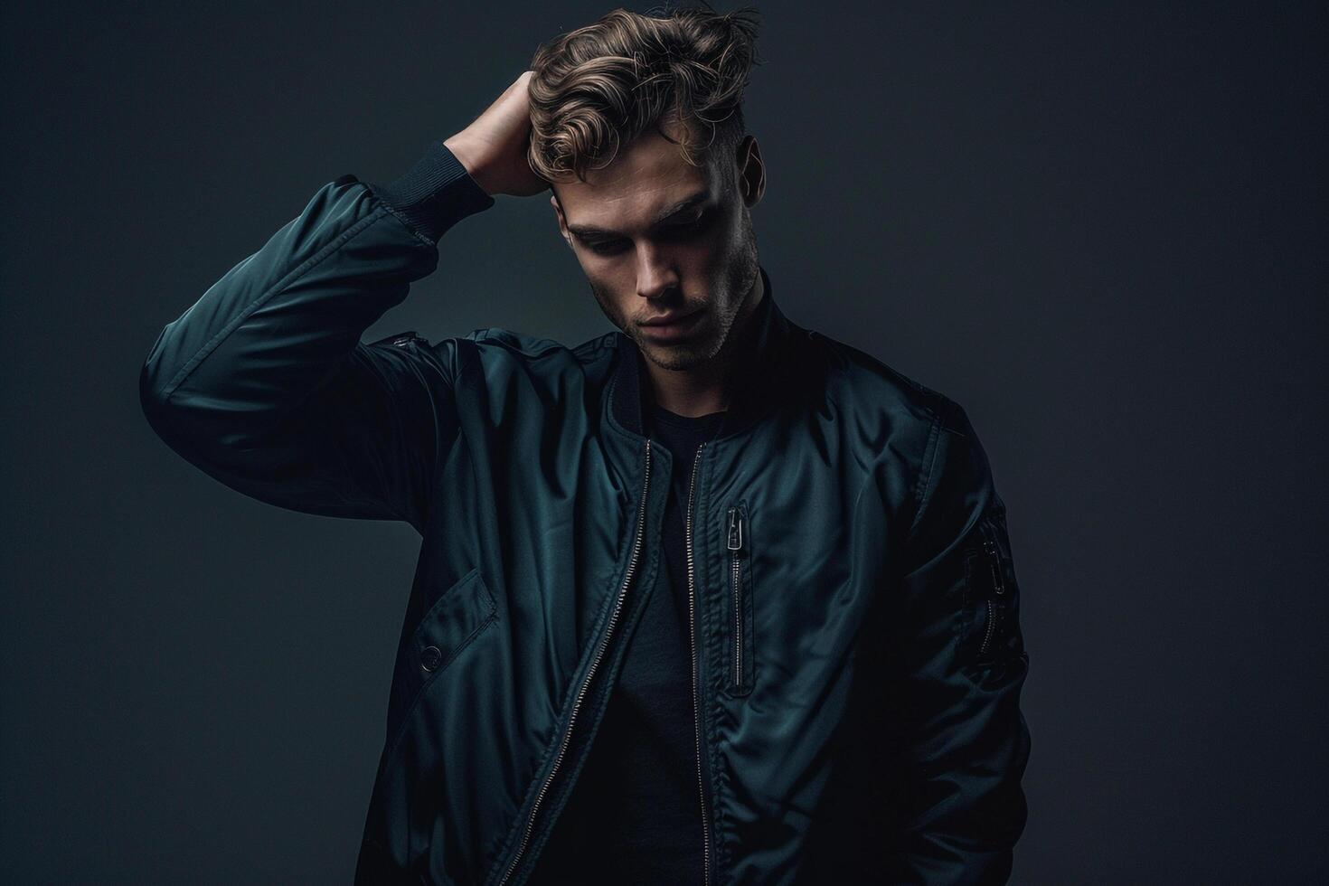 Fashion Model in Urban Bomber Jacket in Graphite Black Trendy Modern portrait with Stylish Look photo