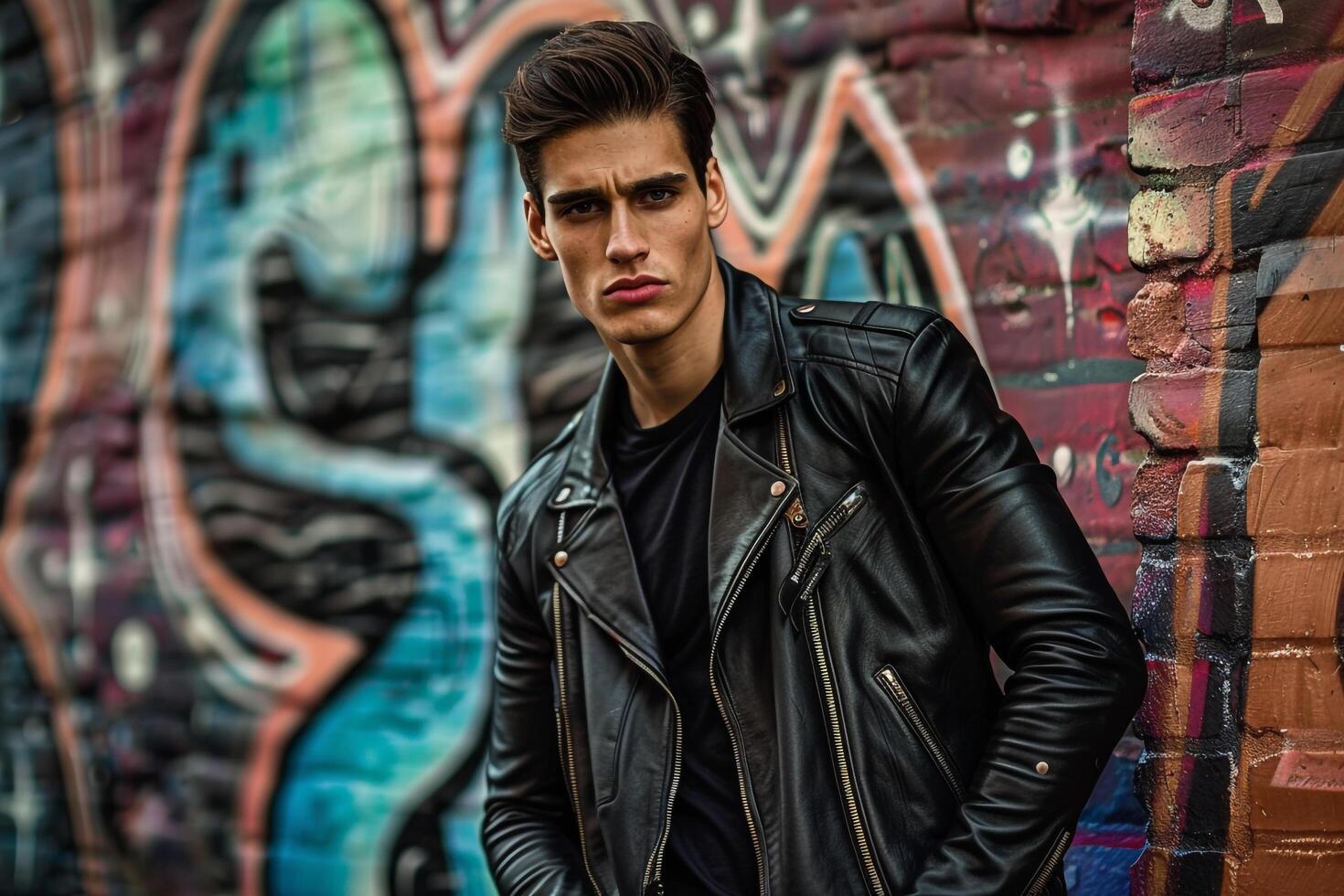 Stylish Fashion Model wearing a leather jacket posed against agraffiti wall in a male dress Fashionable urban lifestyle portrait with aLifestyle Males portrait Fashion Male Background photo