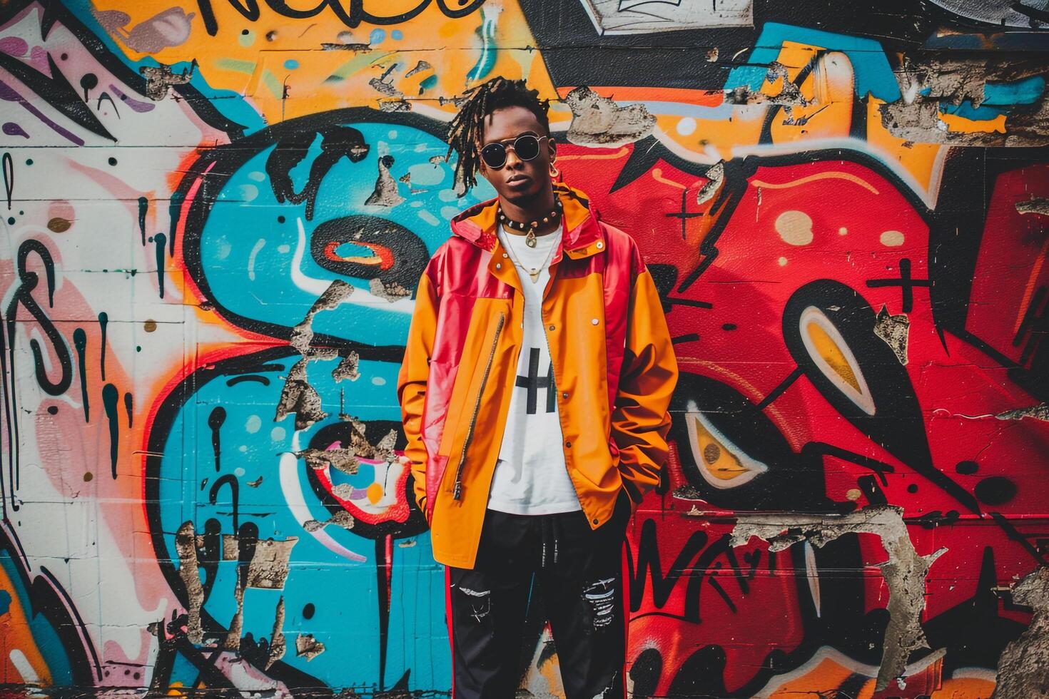 Handsome Fashion Model in Streetwear ensemble male dress with Graffiti Wall Lifestyle Lifestyle Males portrait Fashion Male Background photo
