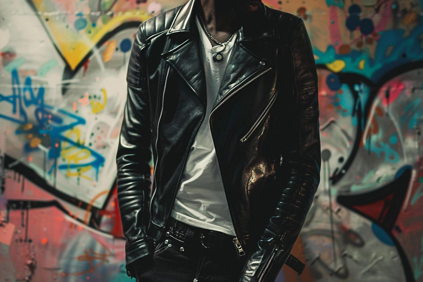Handsome Fashion Model in a leather jacket set against a graffiti wall in a male dress Urban lifestyle fashion portrait with a boldLifestyle Males portrait Fashion Male Background photo