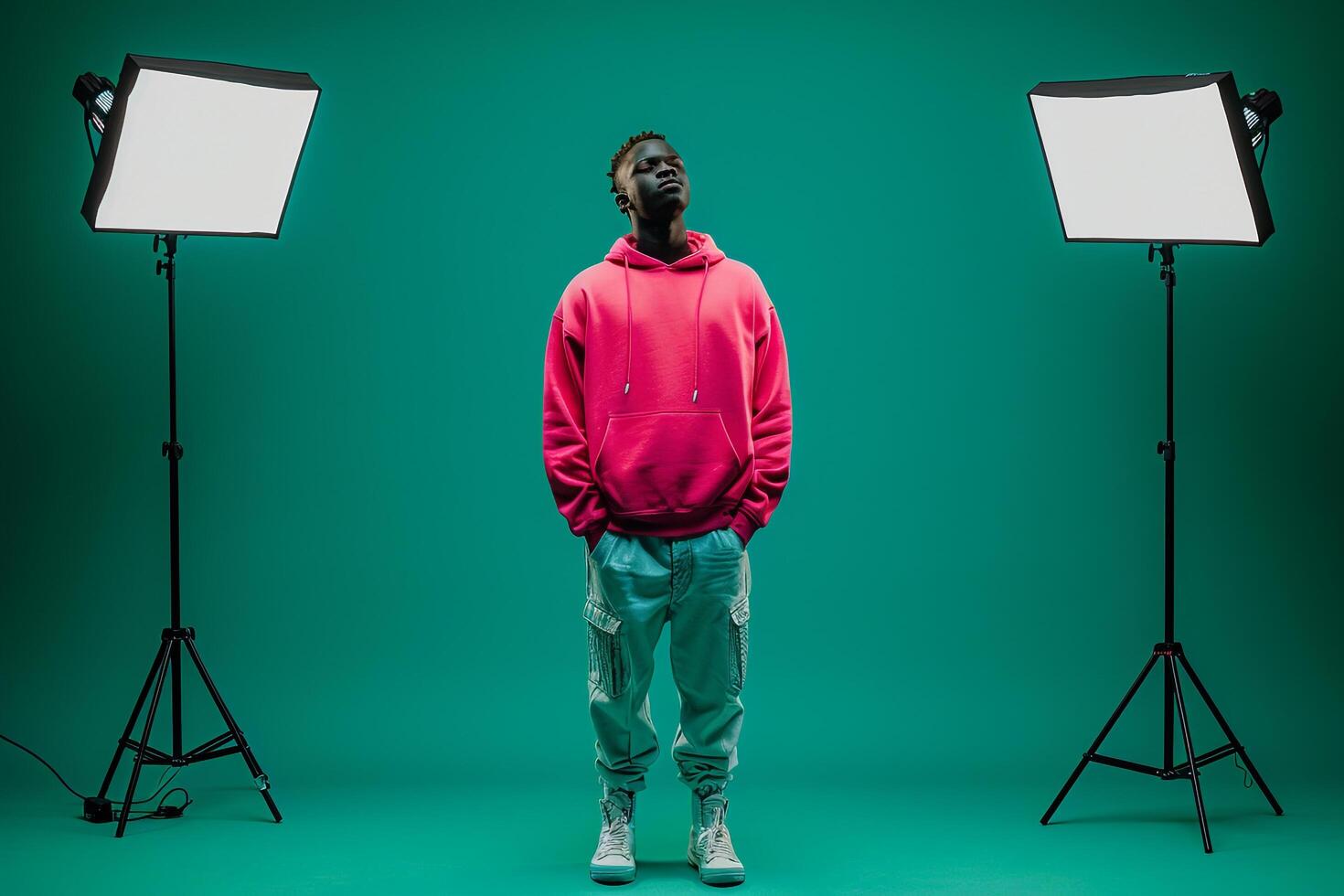 Trendy Fashion Model in a bright pink sweatshirt posed in a male dress with adeep green Lifestyle Males portrait Fashion Male Background Urban lifestyle portrait withfashion details photo