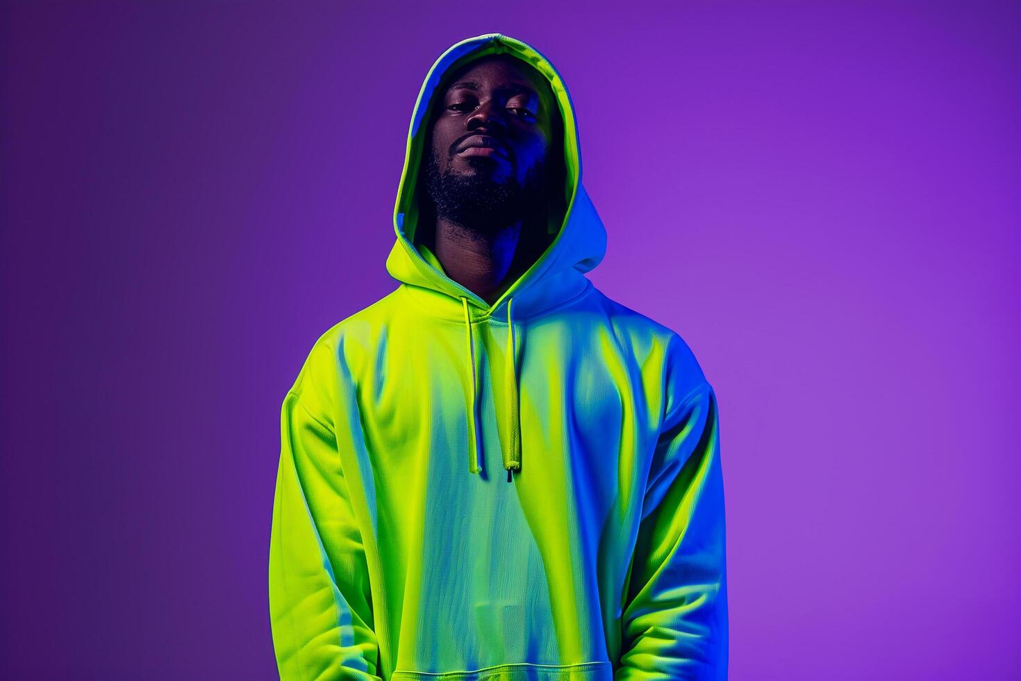 Handsome Fashion Model in a neon green hoodie posed in front of adark purple Lifestyle Males portrait Fashion Male Background male dress shot with an urban lifestyle fashion portrait anddetails photo