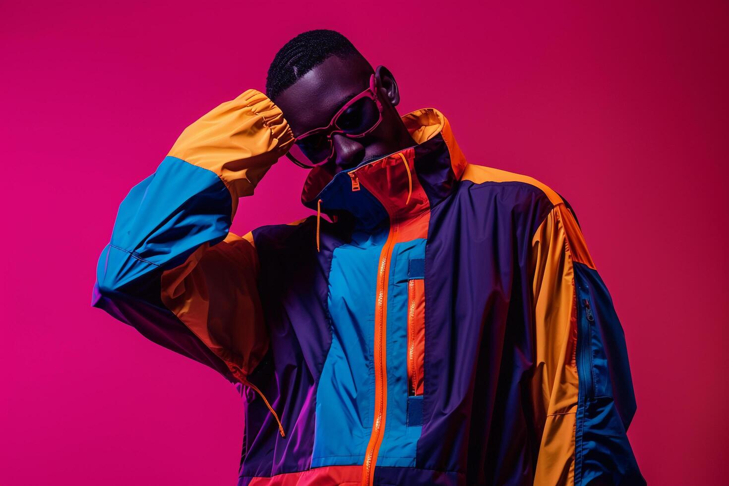Multicolored Zip Up Jacket Fashion Model with Maroon Urban Lifestyle portrait Featuring Fashion Details and Trendy Male Style photo