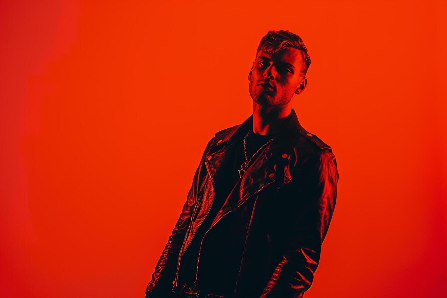 Fashion Model in Blood Orange Biker Jacket Urban Lifestyle portrait with Fashion Details Trendy Male Style photo