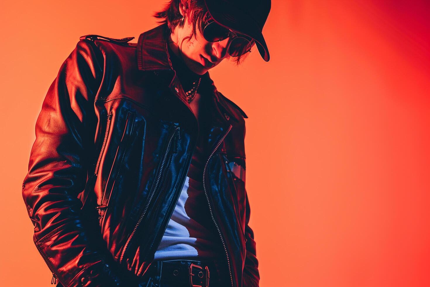 Urban Biker Jacket in Blood Orange Lifestyle portrait with Fashion Details Stylish Male Look in Trendy Background photo