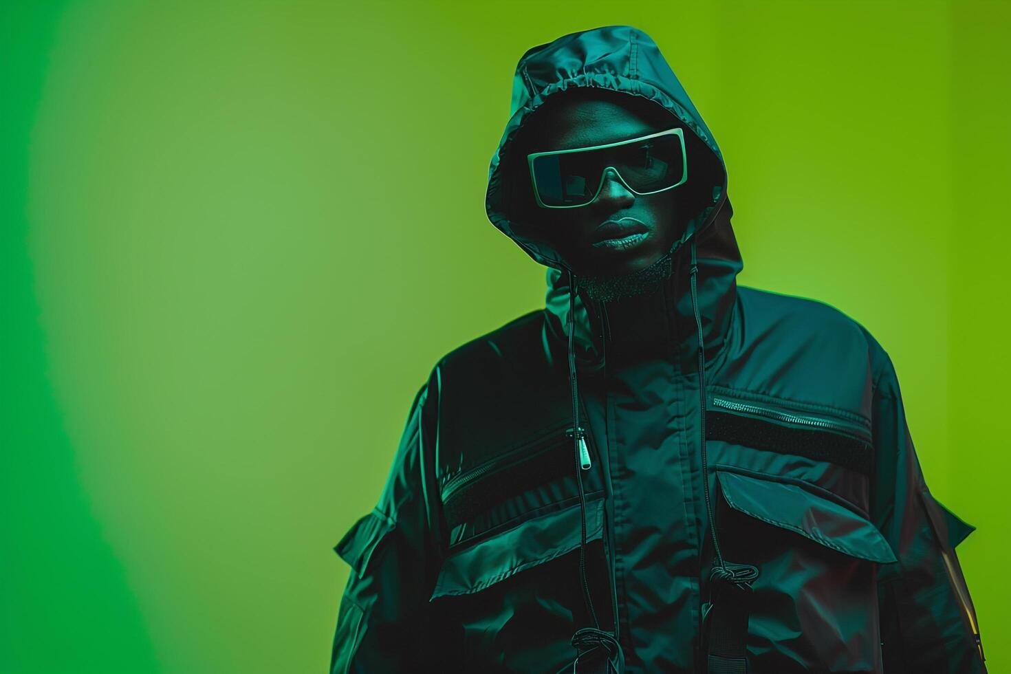 Black Clothwear Jacket and Square Sunglasses Urban portrait with Neon Green Fashionable Male Background photo