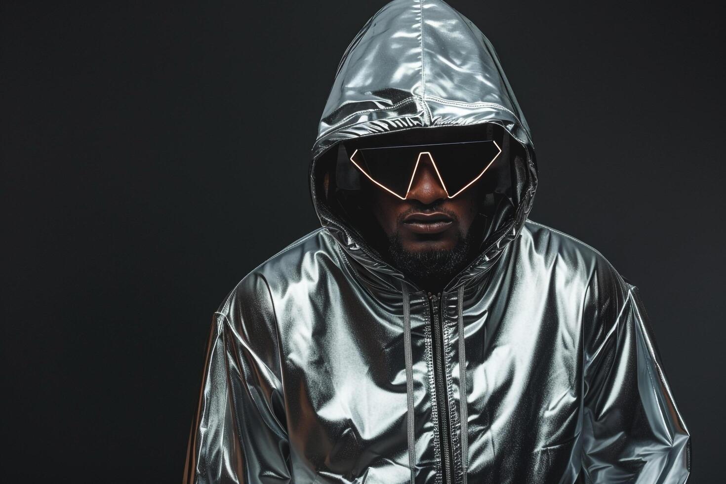 Metallic Silver Hoodie with Geometric Sunglasses Urban portrait in Matte Black Stylish Male Fashion Details photo