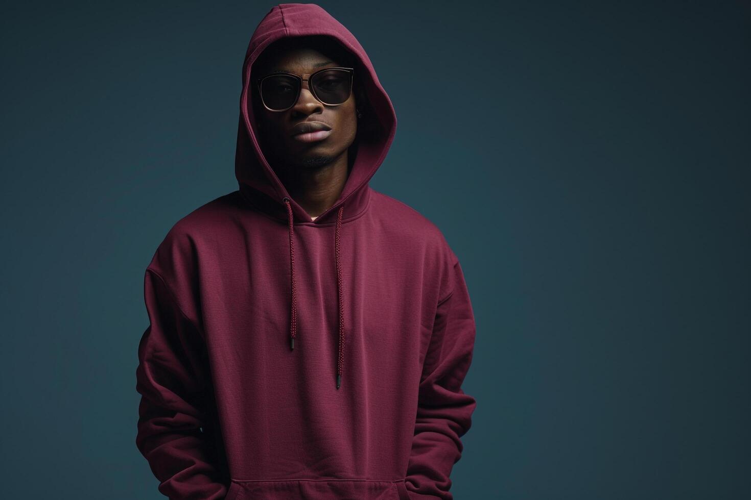 Burgundy Hoodie with Sunglasses Urban Lifestyle portrait Featuring Slate Blue Fashion Details for Male Background photo