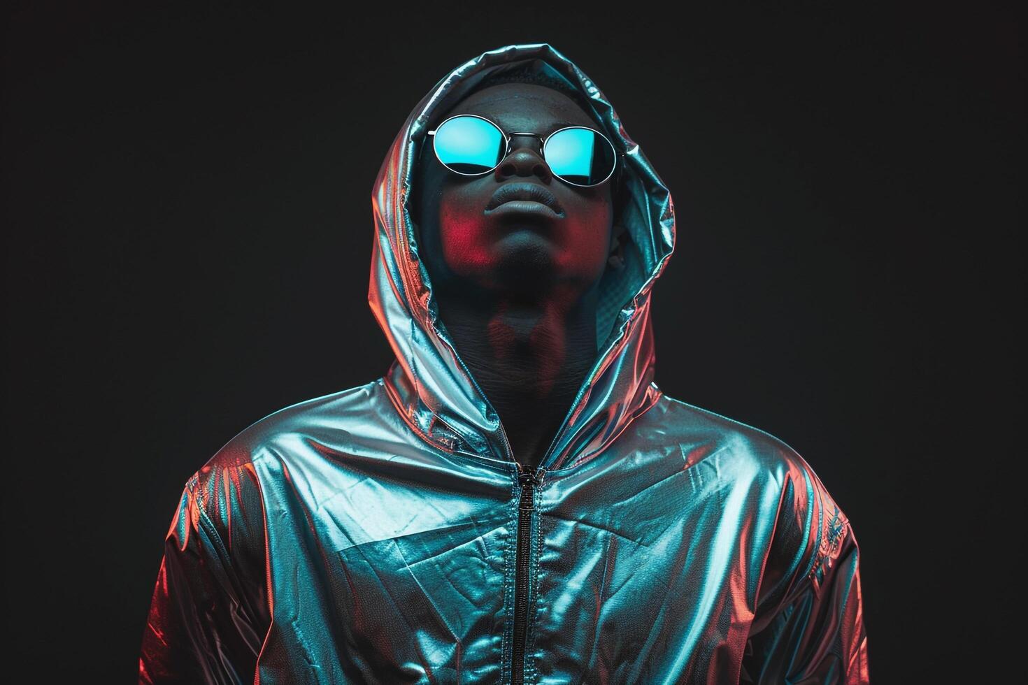 Metallic Silver Hoodie and Geometric Sunglasses Urban Lifestyle portrait with Matte Black Trendy Male Fashion photo