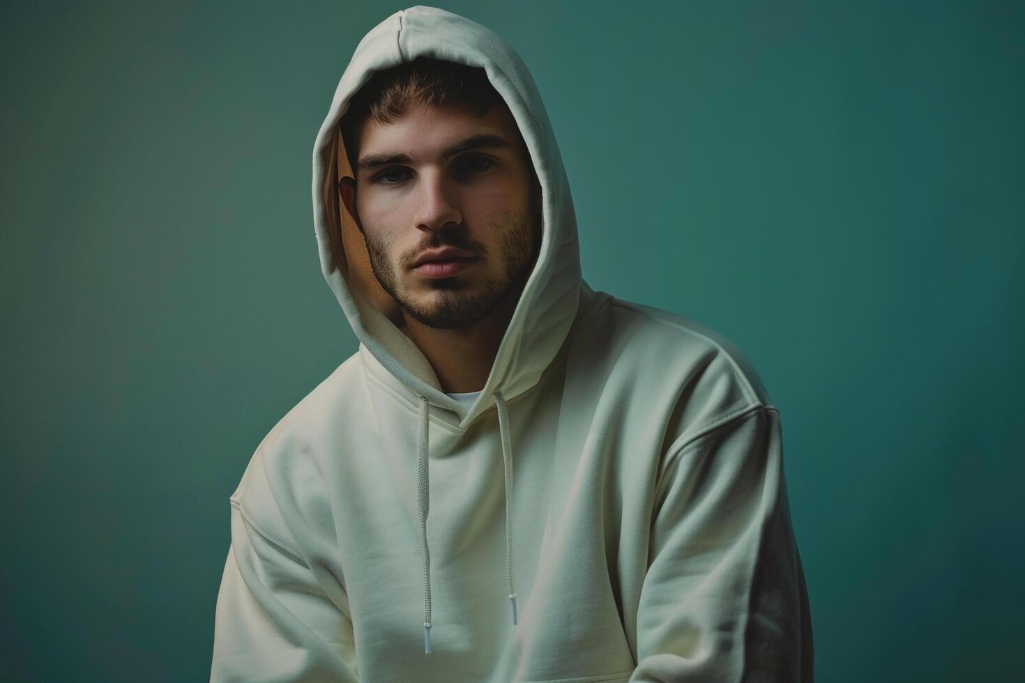 Olive Green Hoodie Urban Lifestyle portrait with Simple Costume Fashion Details Trendy Male Background photo