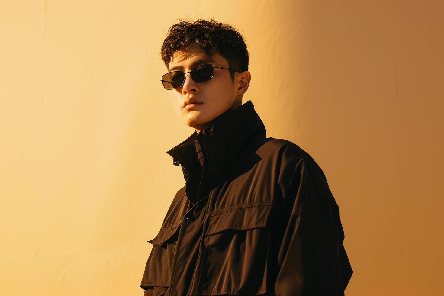 Navy Clothwear Jacket with Fashion Sunglasses Urban Lifestyle portrait in Light Tan Stylish Male Background photo