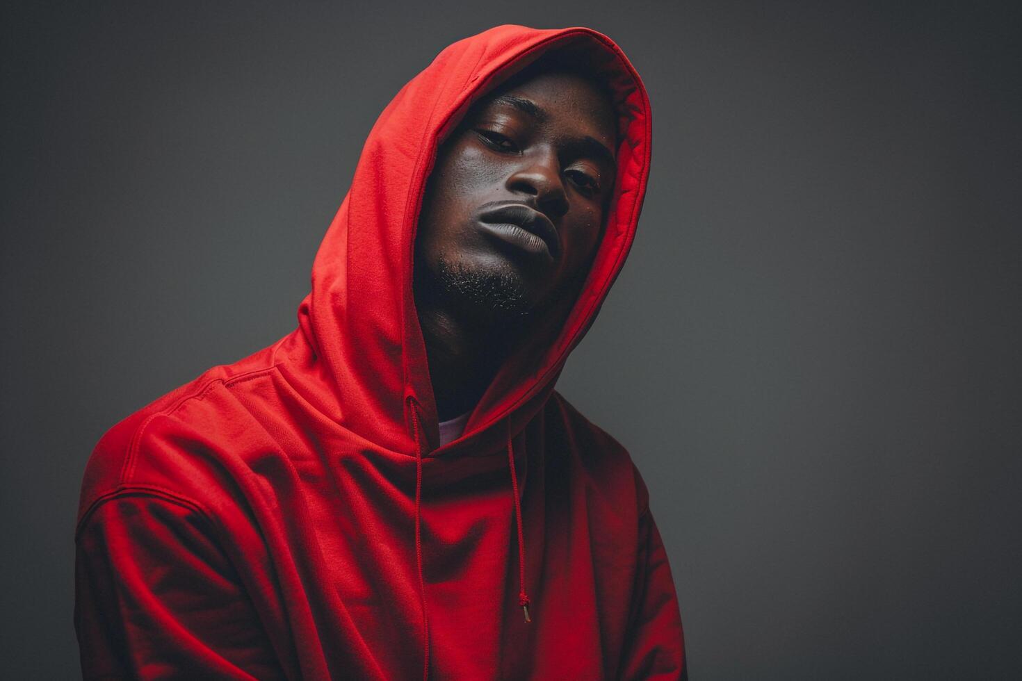 Bright Red Hoodie with Slate Gray Urban Lifestyle portrait Featuring Fashion eleMalets Trendy Male Style photo