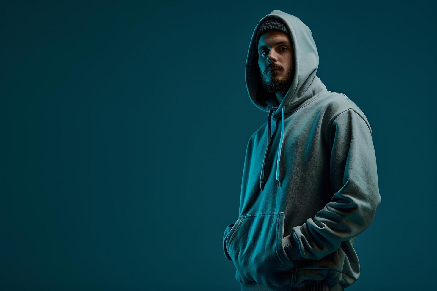 Teal Blue Hoodie Urban Lifestyle portrait with Casual Fashion Details Stylish Male Look photo