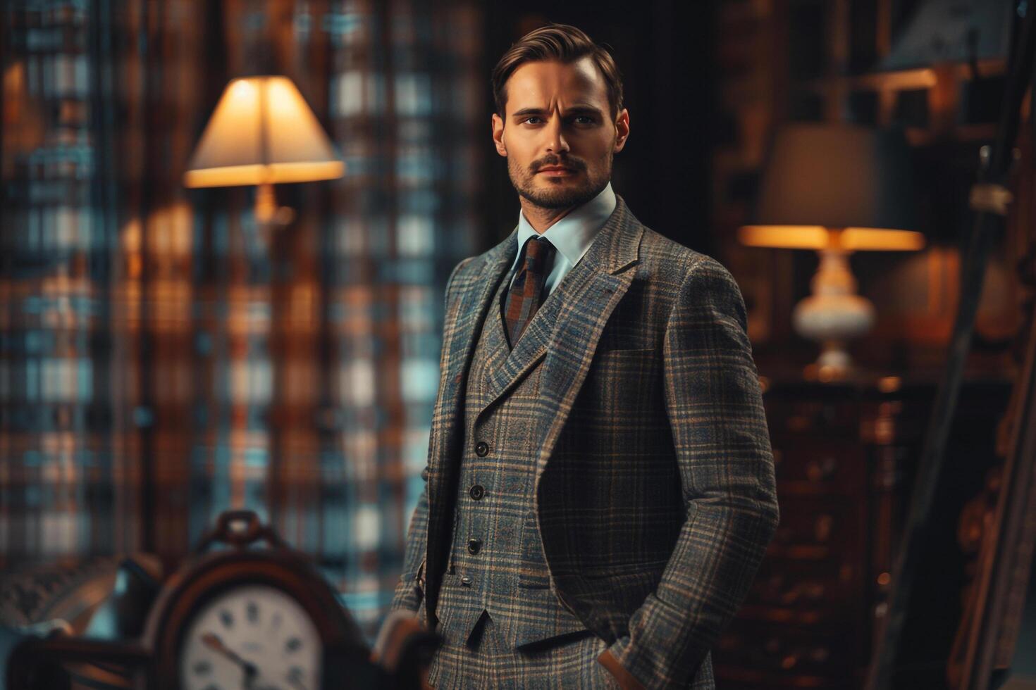 Classic Wool Suit with Classic plaid Urban Lifestyle portrait Featuring Timeless Male Fashion eleMalets perfect for Stylish and Sophisticated Looks photo