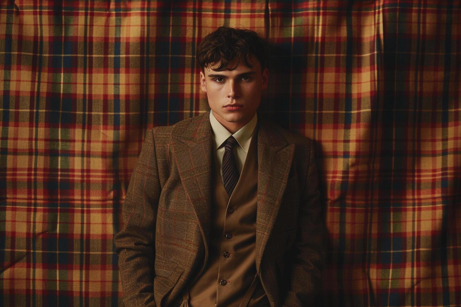 Classic Wool Suit with plaid Urban Lifestyle portrait Featuring Timeless Male Fashion Details Ideal for a Classic and elegant Appearance in Urban environMalets photo
