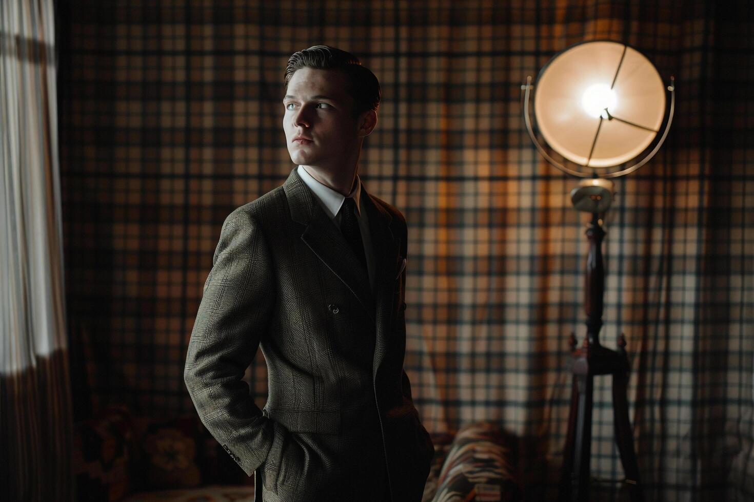 Classic Wool Suit with plaid Urban Lifestyle portrait Featuring Stylish Male Fashion eleMalets perfect for a Timeless and Refined Appearance in Contemporary Settings photo