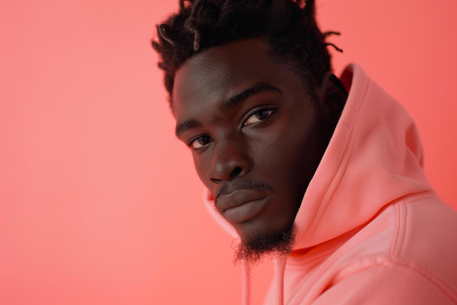 High end Hoodie in Soft Coral Urban Lifestyle portrait with Modern Male Fashion Background Offering a Trendy and Stylish Look for Fashion Forward Urbanites photo