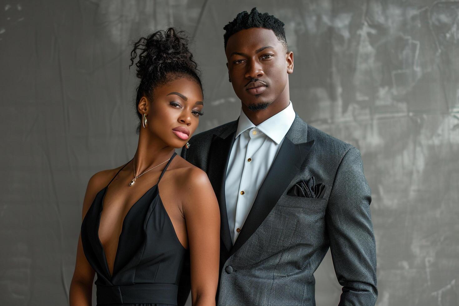 Couple in Tailored Suits with Soft Grey Urban Lifestyle portrait Featuring Classy Male Fashion Details Ideal for elegant and Sophisticated Urban Settings photo