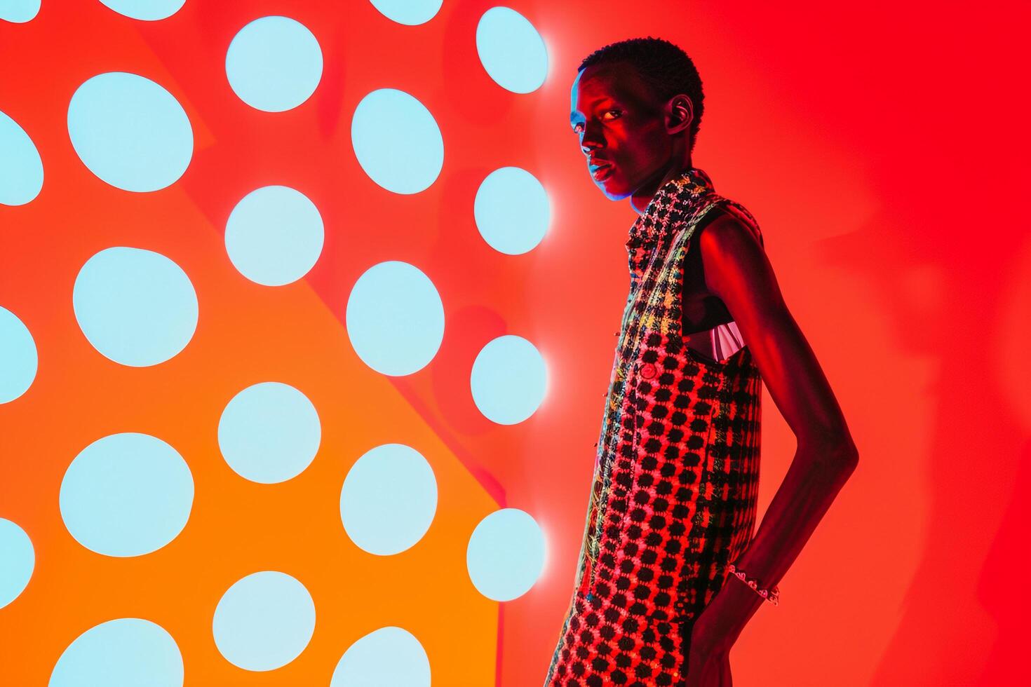 patterned Vest with Abstract Light Shapes Urban Lifestyle portrait Featuring Modern Male Fashion Combining Artistic Design with Trendy Urban Style photo