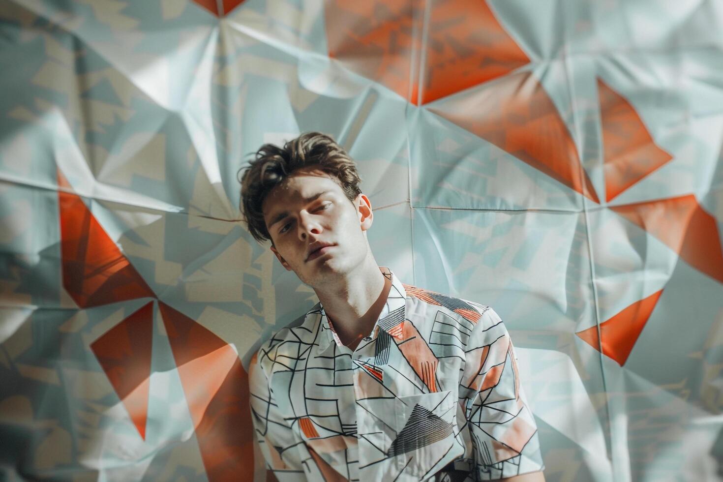 Costume Shirt with Geometric Shapes Urban Lifestyle portrait Featuring Fashionable Male Style Combining Modern patterns with Trendy Urban Fashion photo