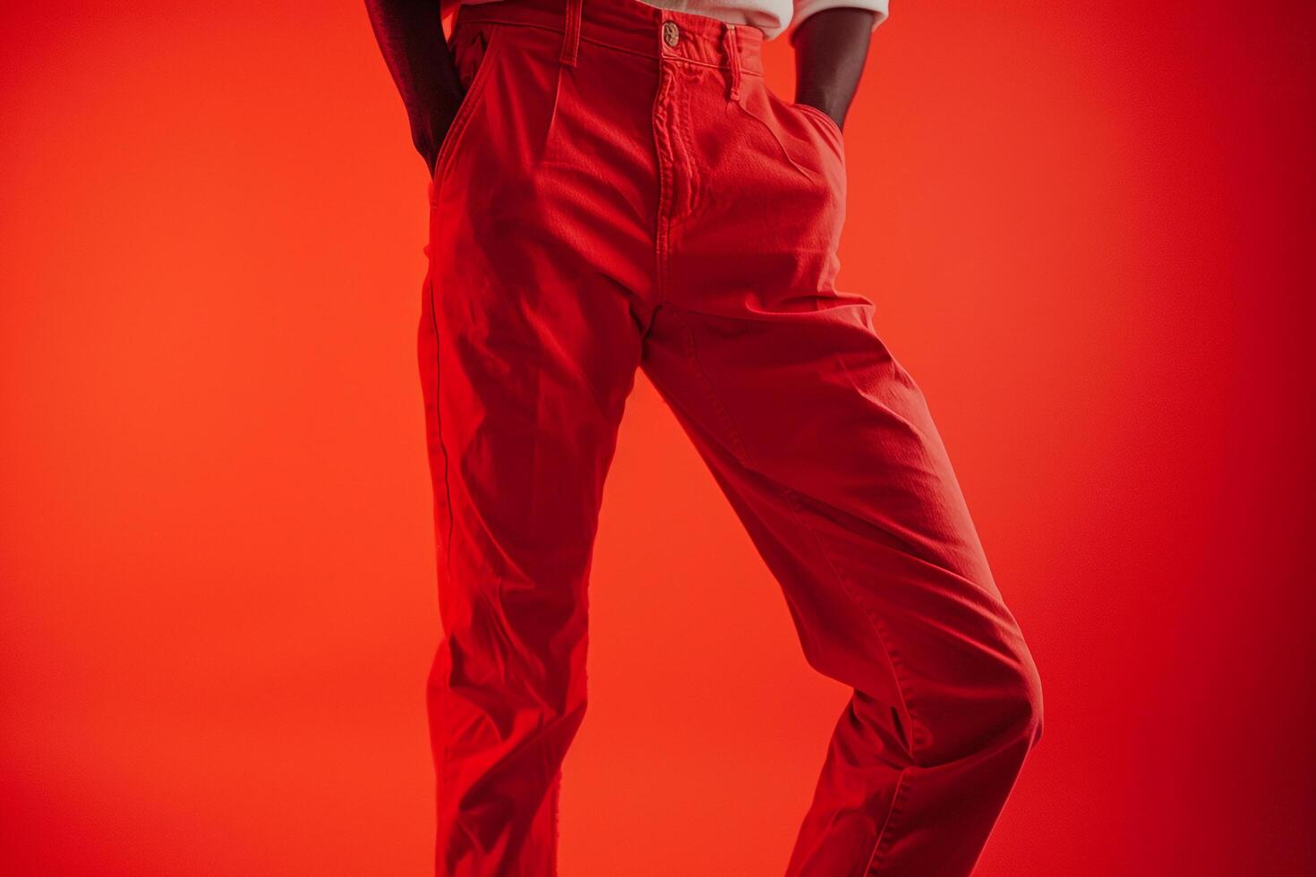 costume pants withcherry red color posed in a male dress apparel Trendy andfashion portrait with a bold look photo