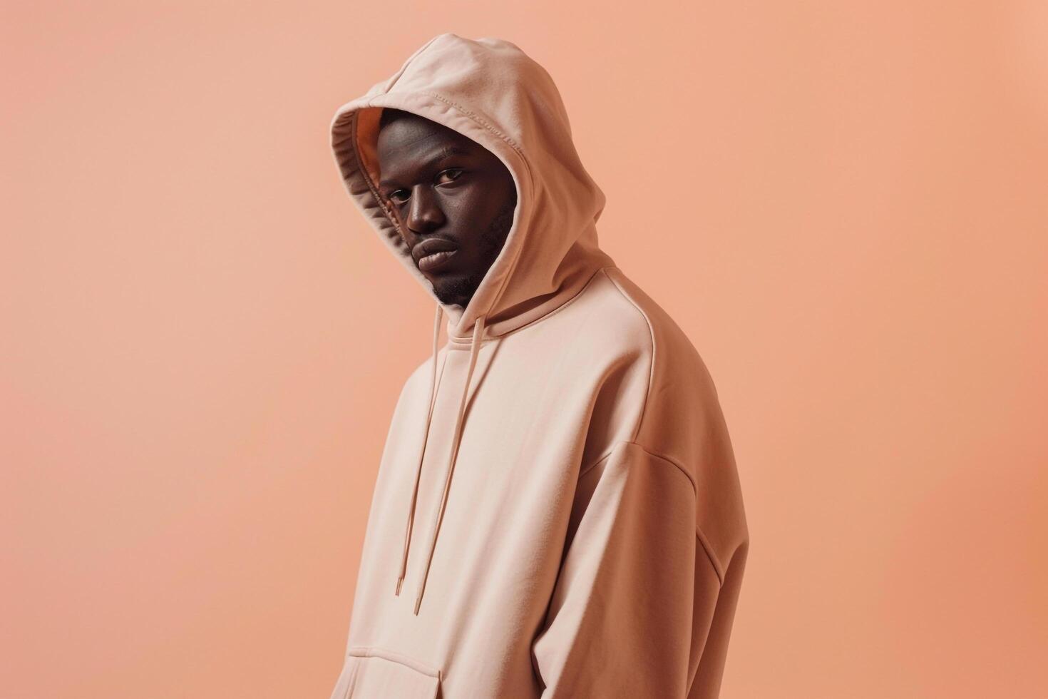 Light peach polished Hoodie Males Fashion Model Trendy portrait Modern Background Fashionable Light peach Hoodie Stylish Lifestyle Contemporary Apparel photo