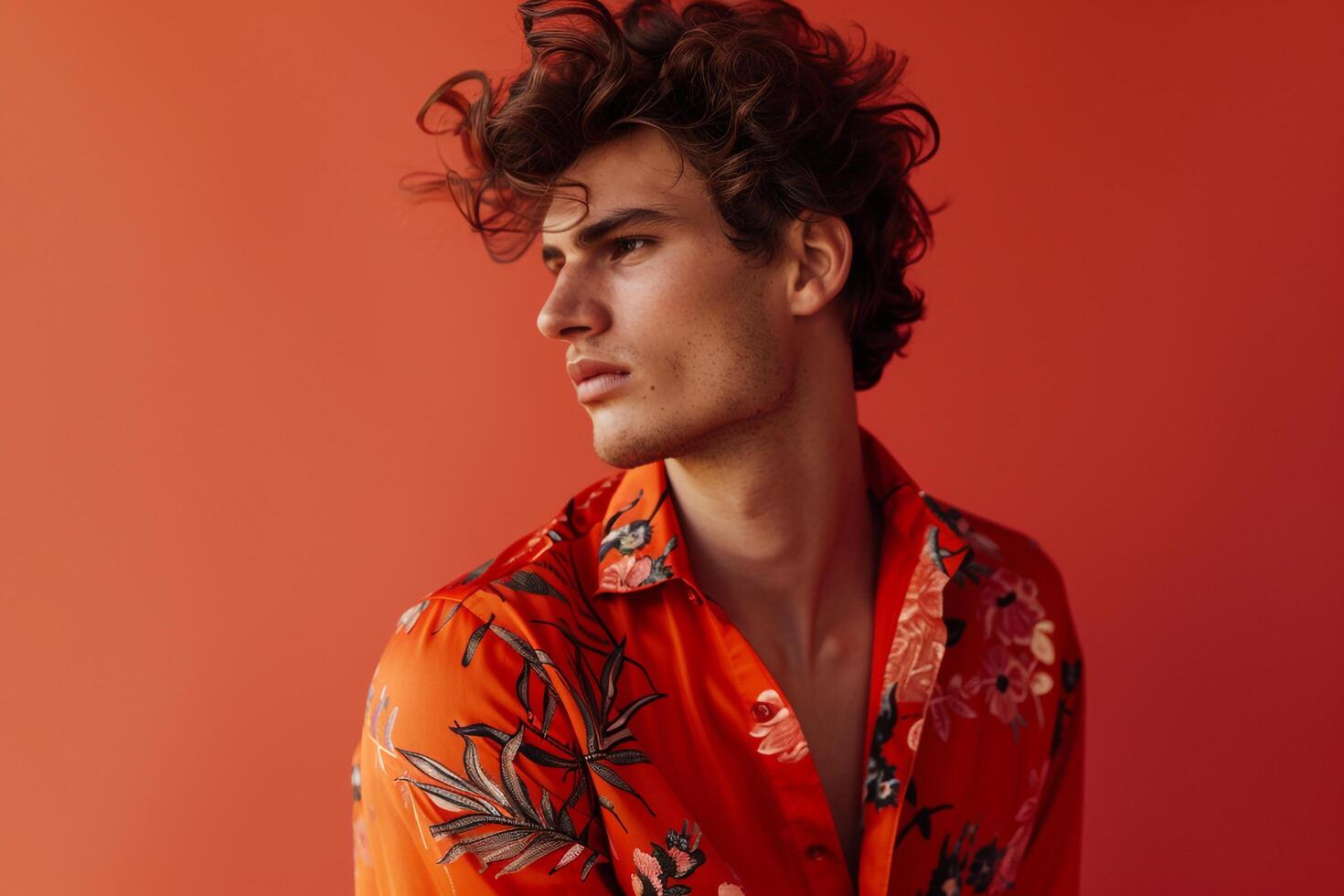 Costume Coral Shirt Male Fashion Model Trendy portrait Modern Background Fashionable Coral Design Stylish Lifestyle Contemporary Males Apparel photo