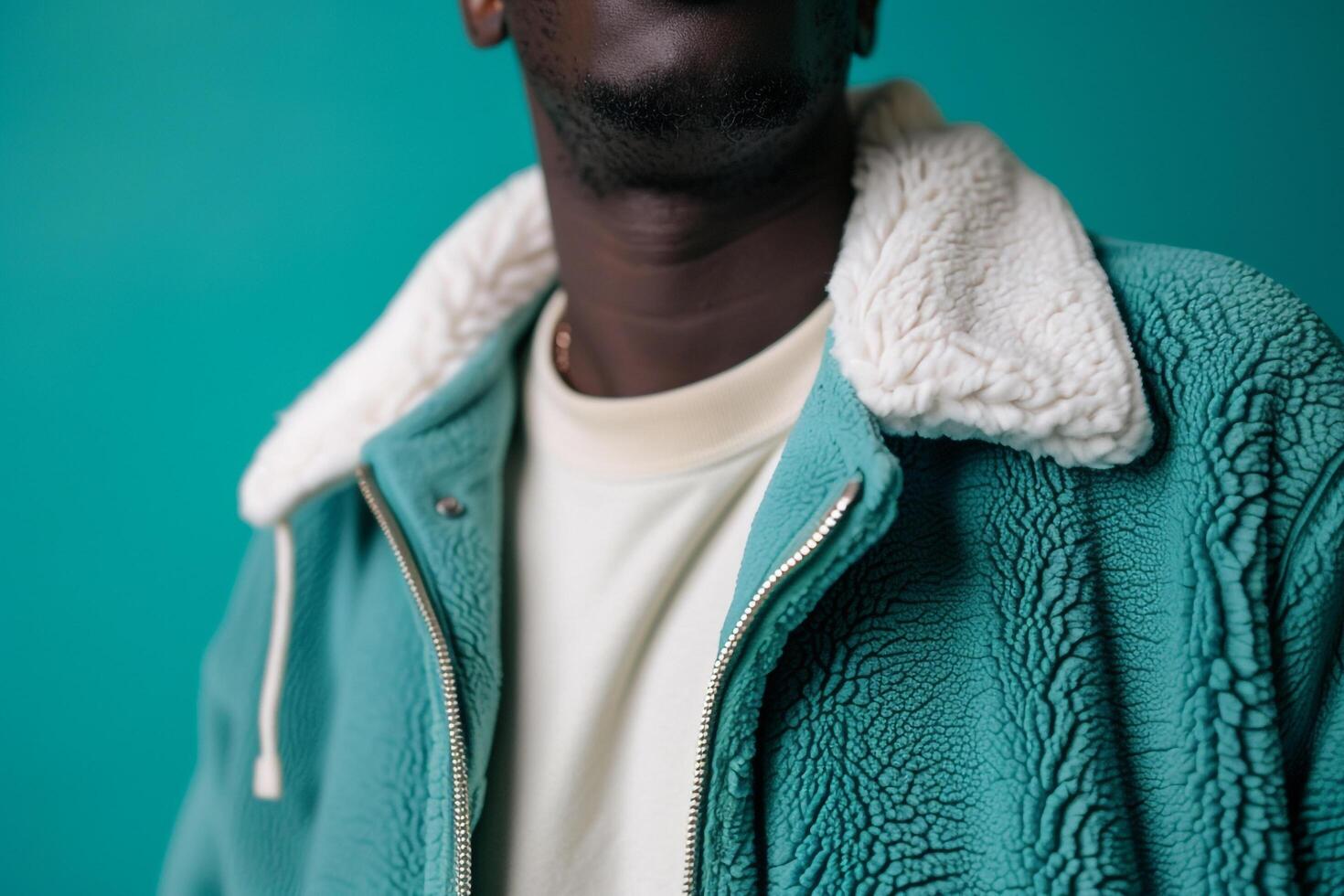 Mint Green Fleece Jacket on Male Fashion Model Trendy portrait Modern Background Stylish Lifestyle Fashionable Males Apparel photo