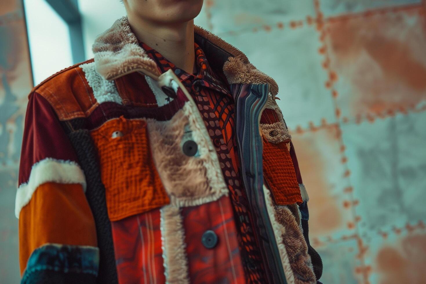 Chic Jacket with Creative Texture on Male Fashion Model Trendy portrait Modern Background Stylish Lifestyle and Fashionable Males Apparel photo