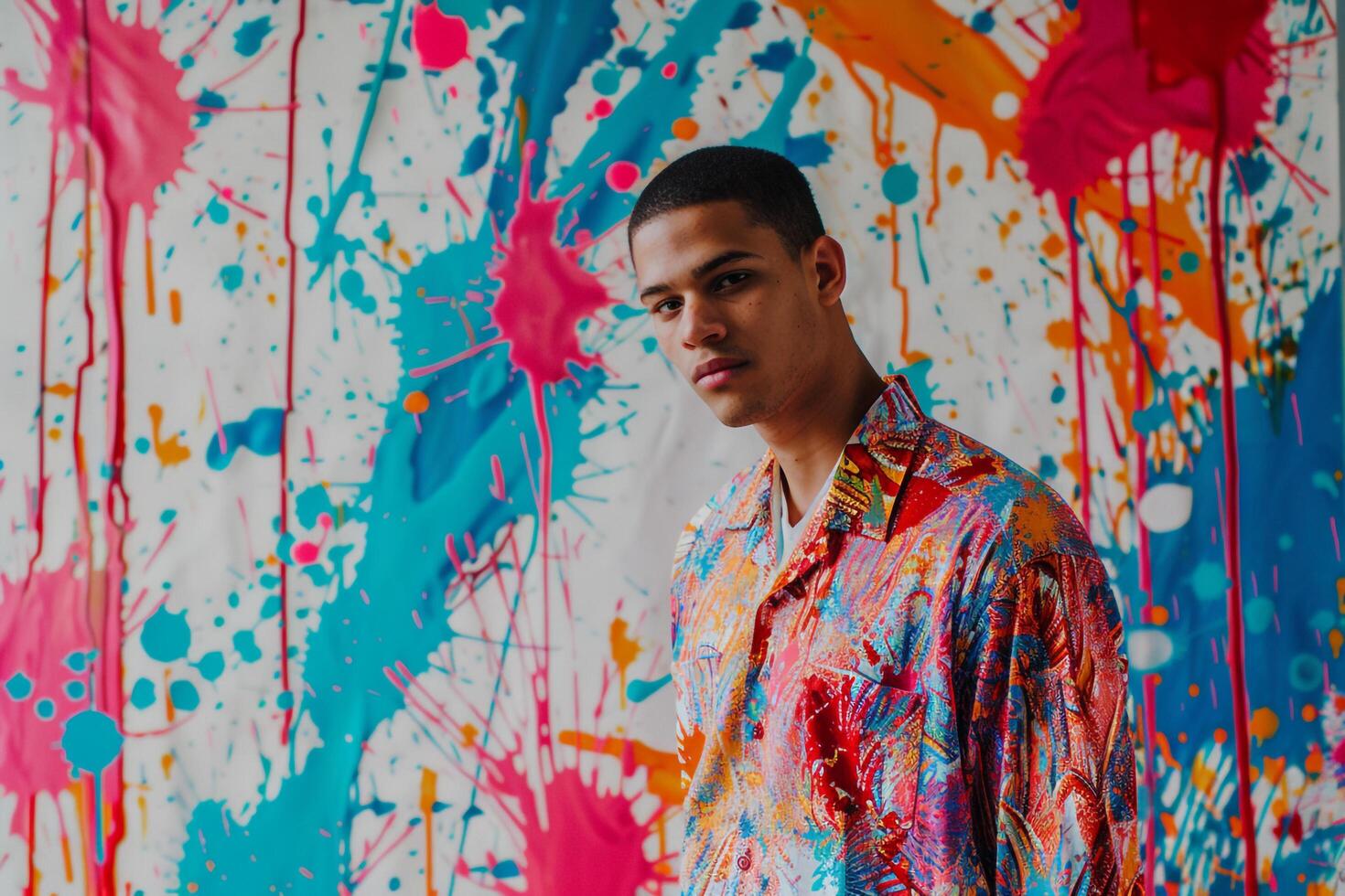 paint Splatter patterned Shirt on Male Fashion Model Trendy portrait Modern Background Stylish Lifestyle and Fashionable Males Apparel photo