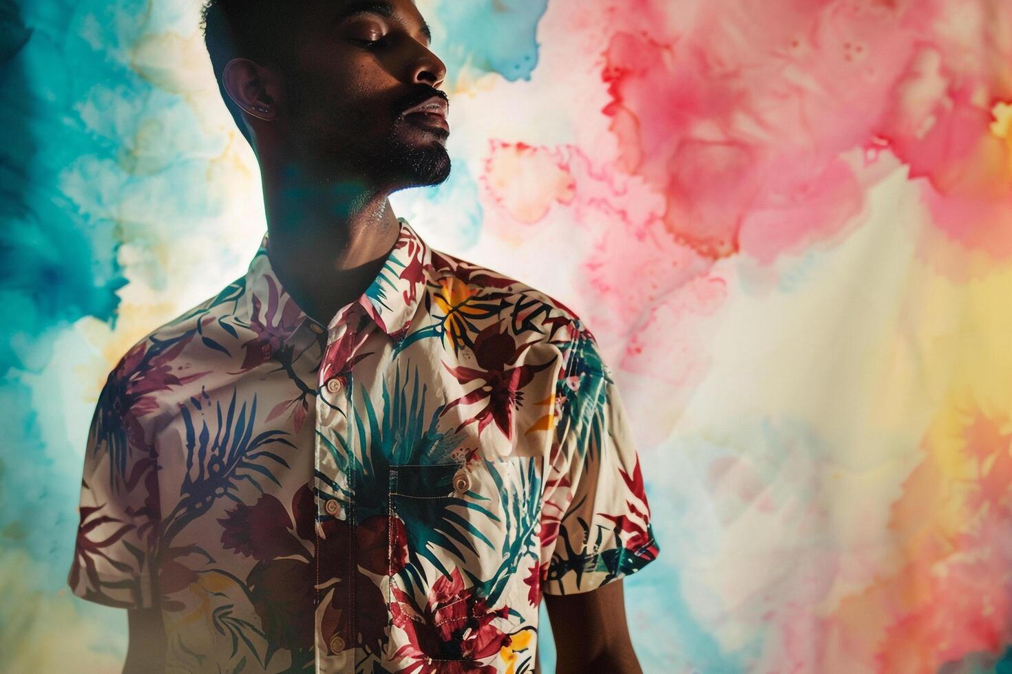 patterned Shirt with Watermale Apparel on Male Fashion Model Trendy portrait Modern Background Stylish Lifestyle and Fashionable Males Apparel photo