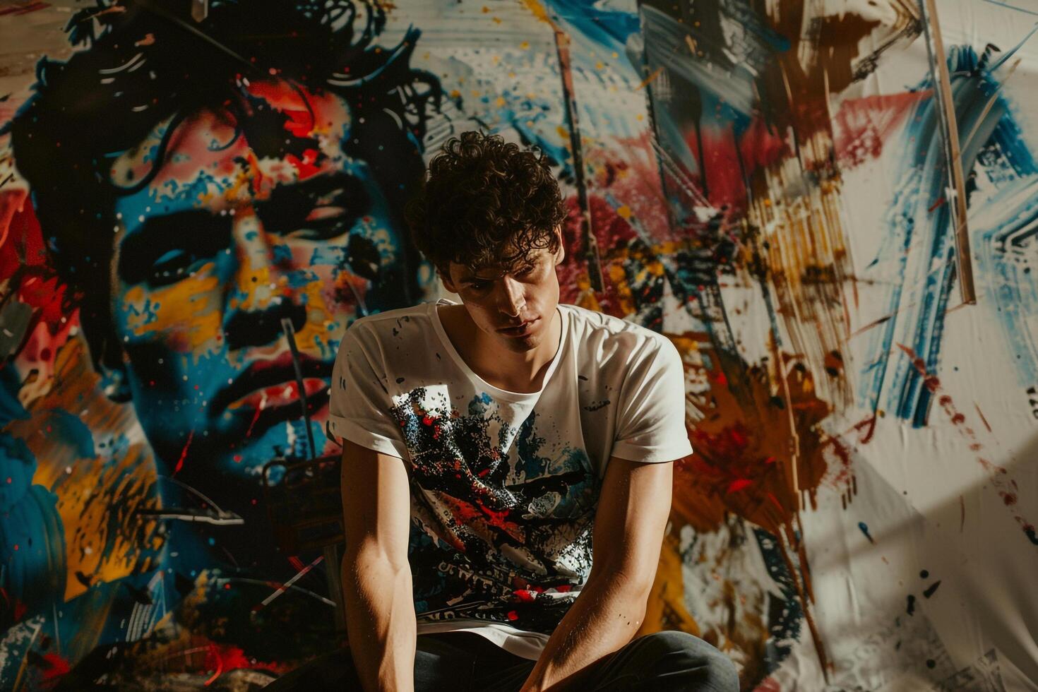 Graphic Tee with Costume Brushstrokes on Male Fashion Model Trendy portrait Modern Background Stylish Lifestyle Fashionable Apparel photo