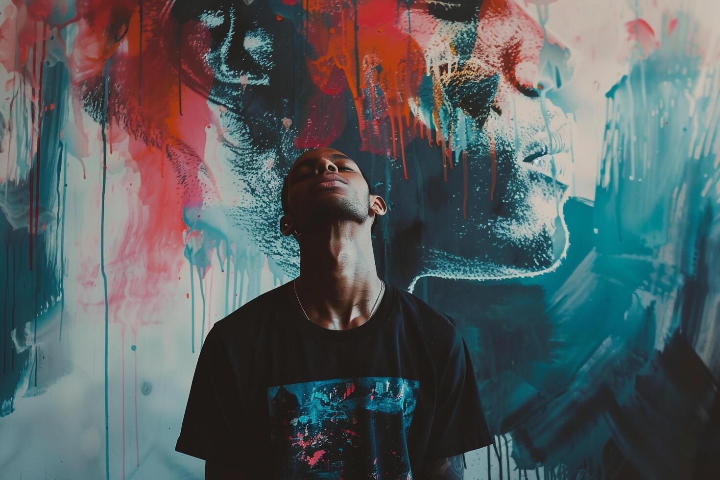 Graphic Tee Featuring Costume Brushstrokes on Male Fashion Model Trendy portrait Modern Background Fashionable Males Apparel photo